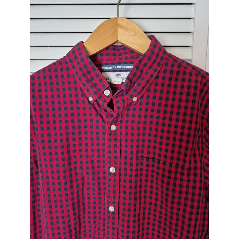 Old Navy Shirt Mens L Red Blue Check Button Down Long Sleeve 100% Cotton Classic